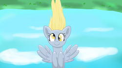 Size: 1920x1080 | Tagged: safe, artist:verminshy, derpy hooves, pony, g4, female, happy, sky, smiling, solo, upside down