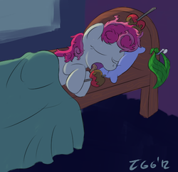 Size: 456x442 | Tagged: safe, artist:tggeko, apple bumpkin, earth pony, pony, g4, apple family member, bed mane, sleeping