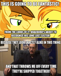 Size: 625x776 | Tagged: safe, braeburn, spitfire, earth pony, human, pegasus, pony, g4, brad jones, caption, cinema snob, female, glasses, image macro, implied incest, irl, irl human, male, mare, moment by moment, photo, shipping, spitburn, stallion, straight, text