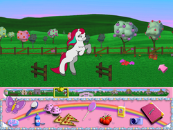 Size: 800x600 | Tagged: safe, oc, oc only, butterfly, earth pony, pony, g2, my little pony: friendship gardens, apple, book, candy, cupcake, eyes closed, farm, female, food, juice, jumping, lollipop, mare, pc game, pizza, rainbow, solo, tree, video game