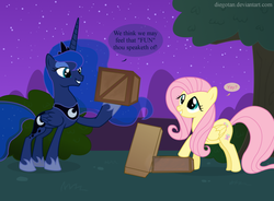 Size: 900x662 | Tagged: safe, artist:diegotan, fluttershy, princess luna, g4, box, boxes, dialogue, duo, night, stars