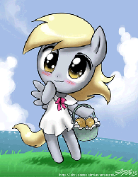 Size: 350x447 | Tagged: safe, artist:ianpo, artist:johnjoseco, derpy hooves, pony, g4, animated, anime, basket, bipedal, blushing, clothes, cute, derpabetes, diabetes, dress, female, muffin, solo