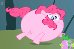 Size: 944x630 | Tagged: safe, screencap, pinkie pie, spike, feeling pinkie keen, g4, my little pony: friendship is magic, cropped, ei, fetish fuel, hub logo, inflation, shocked, solo focus