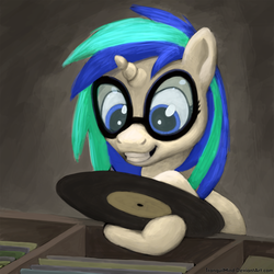 Size: 900x900 | Tagged: safe, artist:tranquilmind, dj pon-3, vinyl scratch, pony, g4, female, glasses, record, solo, wrong eye color, younger