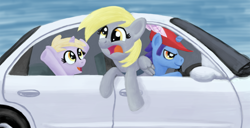 Size: 1280x653 | Tagged: safe, artist:tranquilmind, derpy hooves, dinky hooves, pegasus, pony, unicorn, g4, car, driving, female, mare