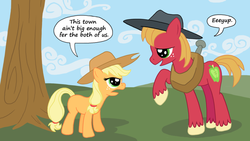 Size: 900x506 | Tagged: safe, artist:tranquilmind, applejack, big macintosh, earth pony, pony, g4, brother and sister, dialogue, filly, hat, male, stallion, younger