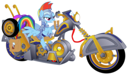 Size: 6783x4000 | Tagged: safe, artist:psychicwalnut, rainbow dash, pony, g4, absurd resolution, armor, backpack, female, mekgineer's chopper, motorcycle, riding, simple background, solo, transparent background, vector, warcraft, world of warcraft