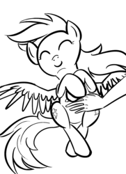 Size: 1085x1500 | Tagged: safe, artist:tggeko, rainbow dash, human, pegasus, pony, g4, ^^, bellyrubs, eyes closed, female, hand, mare, offscreen character, simple background, solo focus, spread wings, white background, wings