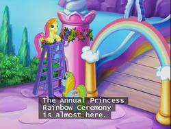 Size: 640x480 | Tagged: safe, screencap, brights brightly, whistle wishes, pony, unicorn, g3, the runaway rainbow, bridge, female, horn, ladder, lore, mare, subtitles