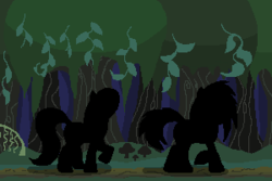 Size: 300x200 | Tagged: safe, artist:herooftime1000, dj pon-3, octavia melody, vinyl scratch, earth pony, pony, unicorn, octavia in the underworld's cello, g4, cutscene, everfree forest, fan game, silhouette