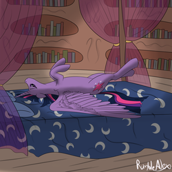 Size: 1500x1500 | Tagged: safe, artist:rumblealex, twilight sparkle, alicorn, pony, g4, :o, bed, bedroom eyes, curtains, female, legs in air, looking at you, mare, on back, relaxed wings, see-through, solo, spread wings, twilight sparkle (alicorn)