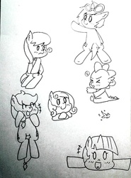 Size: 543x733 | Tagged: safe, artist:danadyu, applejack, dj pon-3, octavia melody, spike, vinyl scratch, g4