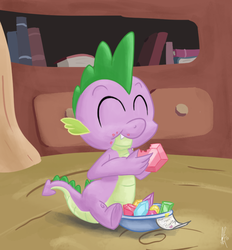 Size: 768x828 | Tagged: safe, artist:dixketl, spike, g4, eating, gem, happy