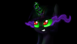 Size: 1322x754 | Tagged: safe, artist:ressetkk, twilight sparkle, g4, bust, dark magic, grin, smiling, sombra eyes