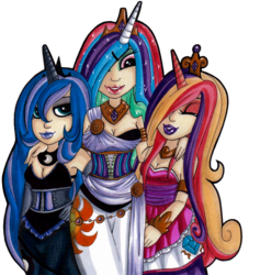 Size: 1154x1218 | Tagged: safe, artist:speedeh, princess cadance, princess celestia, princess luna, human, g4, horn, horned humanization, humanized