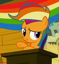 Size: 675x720 | Tagged: safe, screencap, scootaloo, pony, g4, the mysterious mare do well, cropped, female, rainbow wig, scrunchy face, solo