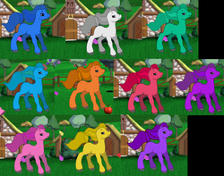 Size: 947x745 | Tagged: safe, oc, oc only, earth pony, pony, g2, my little pony: friendship gardens, blue, colors, dark blue, gray, green, light blue, orange, pc game, pink, purple, rainbow, red, unshorn fetlocks, video game, white, yellow