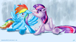 Size: 5157x2838 | Tagged: safe, rainbow dash, twilight sparkle, g4, blushing, ear bite, ship:twidash, shipping