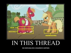 Size: 749x557 | Tagged: safe, edit, edited screencap, screencap, applejack, big macintosh, earth pony, pony, applebuck season, g4, artifact, brother and sister, butt, demotivational poster, duo, female, hooves, male, mare, meme, overanalyzing, plot, stallion, unshorn fetlocks