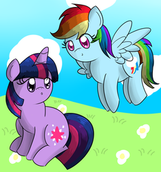 Size: 1581x1689 | Tagged: safe, artist:mysticvulpix, rainbow dash, twilight sparkle, g4, cloud, flower