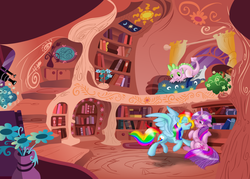 Size: 1024x734 | Tagged: safe, rainbow dash, spike, twilight sparkle, g4, blushing, ship:twidash, shipping