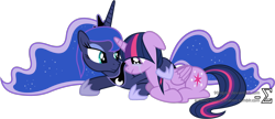 Size: 3725x1610 | Tagged: safe, artist:90sigma, princess luna, twilight sparkle, alicorn, pony, g4, crying, duo, duo female, female, jewelry, mare, prone, regalia, simple background, transparent background, twilight sparkle (alicorn), wet mane