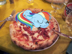 Size: 548x411 | Tagged: safe, rainbow dash, pegasus, pony, g4, copypasta, female, food, fork, irl, knife, mare, person as food, photo, pizza, plate, ponies in real life, spicy, table