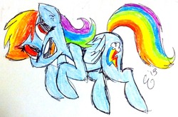 Size: 1280x839 | Tagged: safe, artist:lizzyoli-ravioli, rainbow dash, pegasus, pony, g4, female, mare, open mouth, signature, simple background, smiling, solo, traditional art, white background