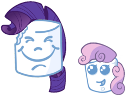 Size: 440x334 | Tagged: safe, rarity, sweetie belle, g4, bite mark, fluffy puff marshmallows, homestar runner, literal, marshie, marshmallow, nibbling, rarity is a marshmallow, simple background, sweetie belle is a marshmallow too, transparent background