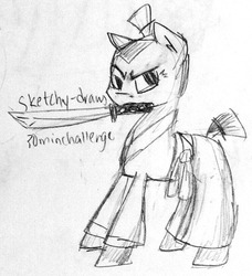 Size: 1165x1280 | Tagged: safe, artist:lizzyoli-ravioli, earth pony, pony, 30 minute art challenge, katana, male, mouth hold, ponified, samurai jack, samurai jack (character), stallion, sword, weapon