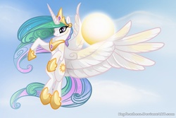 Size: 900x600 | Tagged: safe, artist:keyfeathers, princess celestia, alicorn, pony, g4, female, flying, large wings, majestic, mare, sky, solo, spread wings, sun, tangible heavenly object, wings