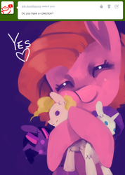 Size: 641x900 | Tagged: dead source, safe, artist:dhui, pinkie pie, rarity, surprise, twilight sparkle, g1, g4, doll, g1 to g4, generation leap, tired pie