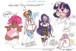 Size: 1280x853 | Tagged: safe, artist:glasmond, angel bunny, fluttershy, pinkie pie, rainbow dash, rarity, twilight sparkle, g4, chubby, clothes, corset, dark skin, dialogue, dreamworks face, evening gloves, fat, horn, horned humanization, humanized, partial color, sketch dump, winged humanization