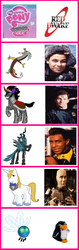 Size: 523x1653 | Tagged: safe, discord, king sombra, prince blueblood, queen chrysalis, cat, parasprite, g4, arnold rimmer, chaos is magic, comparison chart, dave lister, kryten, mr. flibble, red dwarf