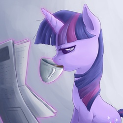 Size: 3000x3000 | Tagged: safe, artist:steffy-beff, twilight sparkle, pony, unicorn, g4, coffee, cup, drink, drinking, female, magic, newspaper, reading, sipping, solo, unicorn twilight