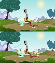 Size: 6000x6752 | Tagged: safe, artist:grievousfan, discord, lyra heartstrings, draconequus, pony, unicorn, g4, absurd resolution, annoyed, bench, comic, duo, female, male, mare, sitting, sitting lyra
