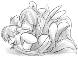 Size: 710x518 | Tagged: safe, artist:fizzy-dog, cloudchaser, flitter, pegasus, pony, g4, biting, bow, duo, duo female, ear bite, eyes closed, female, floppy ears, fluffy, grayscale, hair bow, happy, hooves, mare, monochrome, nibbling, one eye closed, open mouth, spread wings, wings