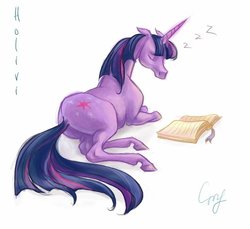 Size: 806x739 | Tagged: safe, artist:holivi, twilight sparkle, horse, pony, unicorn, g4, book, female, hoers, realistic, realistic anatomy, sleeping, solo, unicorn twilight, zzz