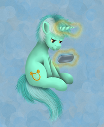 Size: 600x731 | Tagged: safe, artist:widsithgrey, lyra heartstrings, pony, unicorn, g4, female, game console, magic, sitting, solo, telekinesis, video game