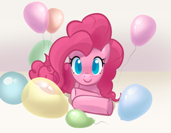 Size: 1000x781 | Tagged: safe, artist:castle-com, pinkie pie, earth pony, pony, g4, balloon, cute, diapinkes, female, looking at you, lying down, mare, smiling, solo