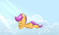 Size: 703x416 | Tagged: safe, artist:mrsremi, scootaloo, pegasus, pony, g4, blank flank, cloud, cloudy, crepuscular rays, cute, cutealoo, eyes closed, female, filly, nap, sky, sleeping, solo