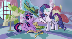 Size: 1024x554 | Tagged: safe, artist:tggeko, rarity, twilight sparkle, g4, book, carousel boutique, colored, hat, mannequin, measuring tape