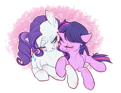 Size: 1207x929 | Tagged: dead source, safe, artist:clovercoin, rarity, twilight sparkle, g4, blushing, female, heart, lesbian, nuzzling, ship:rarilight, shipping, wingding eyes