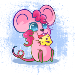 Size: 430x430 | Tagged: safe, artist:happyendingfactory, pinkie pie, mouse, g4, abstract background, cheese, cute, diapinkes, female, food, mousified, no pupils, open mouth, pinkie mouse, sitting, solo, species swap