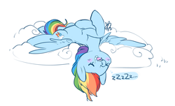 Size: 1022x621 | Tagged: safe, artist:clovercoin, rainbow dash, g4, cloud, drool, on back, open mouth, sleeping, snoring, zzz