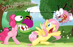 Size: 1280x828 | Tagged: safe, artist:omgproductions, fluttershy, pinkie pie, dog, earth pony, pegasus, pony, g4, courage the cowardly dog, crossover, fluttershy is not amused, mask, scared, unamused