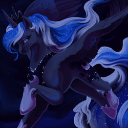 Size: 600x600 | Tagged: safe, artist:silverbirch, princess luna, alicorn, pony, g4, female, looking at you, mare, night, solo, spread wings, trotting, wings