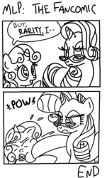 Size: 575x955 | Tagged: safe, artist:jakejoke, rarity, sweetie belle, g4, abuse, comic, glasses, monochrome, parody, sweetiebuse, violence