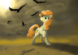 Size: 1024x731 | Tagged: safe, artist:bluefeathercat, carrot top, golden harvest, bird, crow, earth pony, pony, g4, :o, cloud, cloudy, crepuscular rays, female, looking up, mare, open mouth, raised hoof, solo, sun, wasteland
