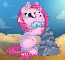 Size: 822x750 | Tagged: safe, artist:kittehkatbar, pinkie pie, earth pony, pony, g4, baby, baby pie, baby pony, filly, pacifier, rock, unshorn fetlocks, younger